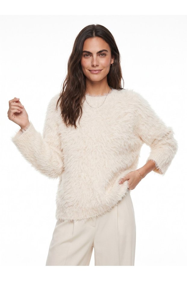 Cream-Colored Oversized Sweater, Knit, Drop Shoulder, Crew Neck