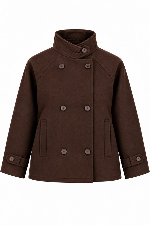 Brown Buttoned, Lined Melton Coat with a Mock Neck