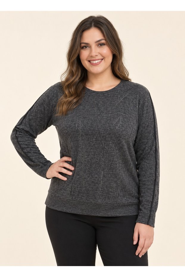 Elegant Women's Solid Color, Embellished with Stones, Soft Cashmere Plus-Size Sweatshirt