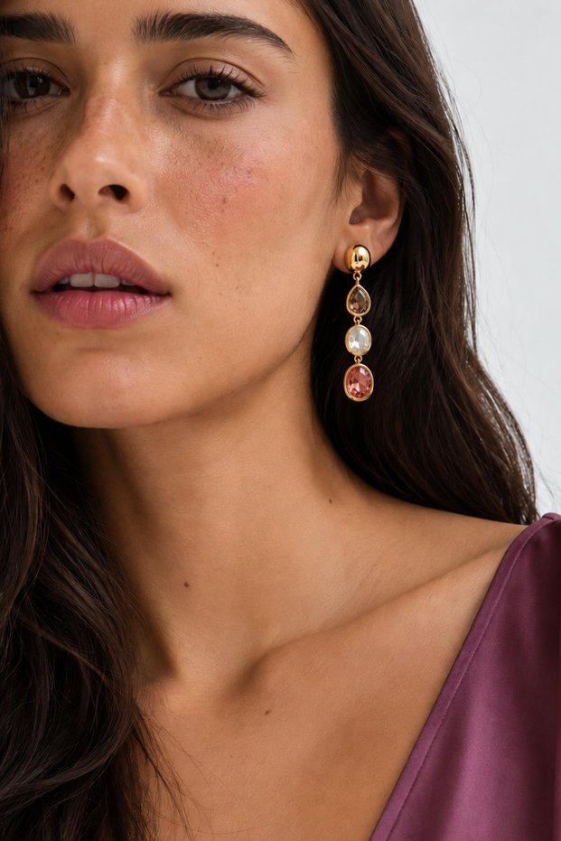 Colored Stone Dangle Brand Model Steel Earrings
