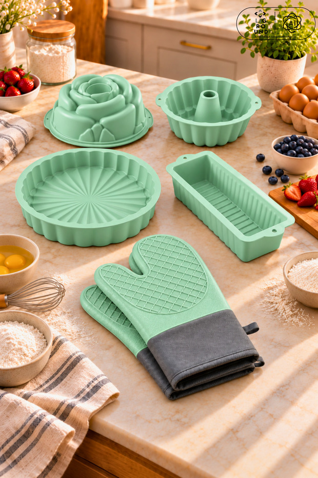 6-Piece Silicone Cake Pan Set: Rose, Bundt, and Baton Tart Pans; Pair of Oven Mitts; Fire-Resistant, Non-Stick, Flexible