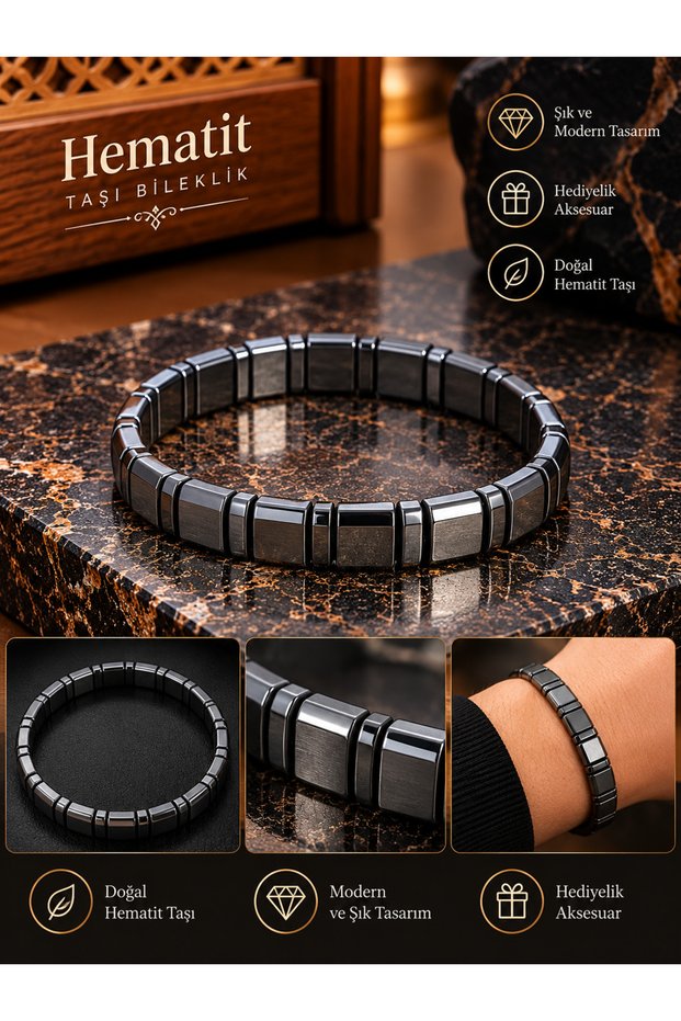 Natural Hematite Stone Men's Bracelet - Modal Stone Bracelet with Striped Blocks and Spaced Beads
