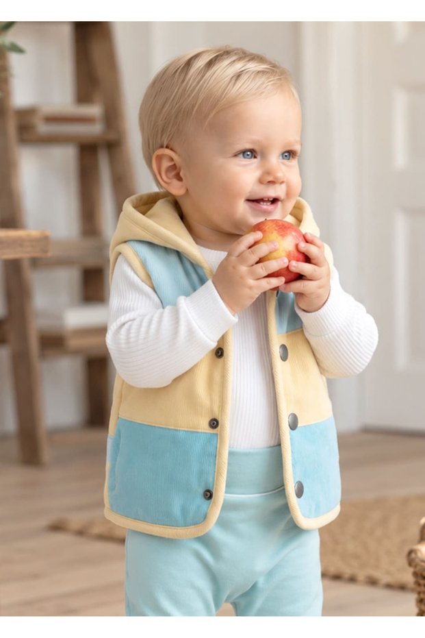 Velvet Hooded, Fiber-Filled Winter Sports Vest for Baby Boys