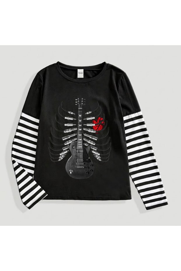 Rock Music Printed Striped Sleeve Unisex Oversized T-Shirt
