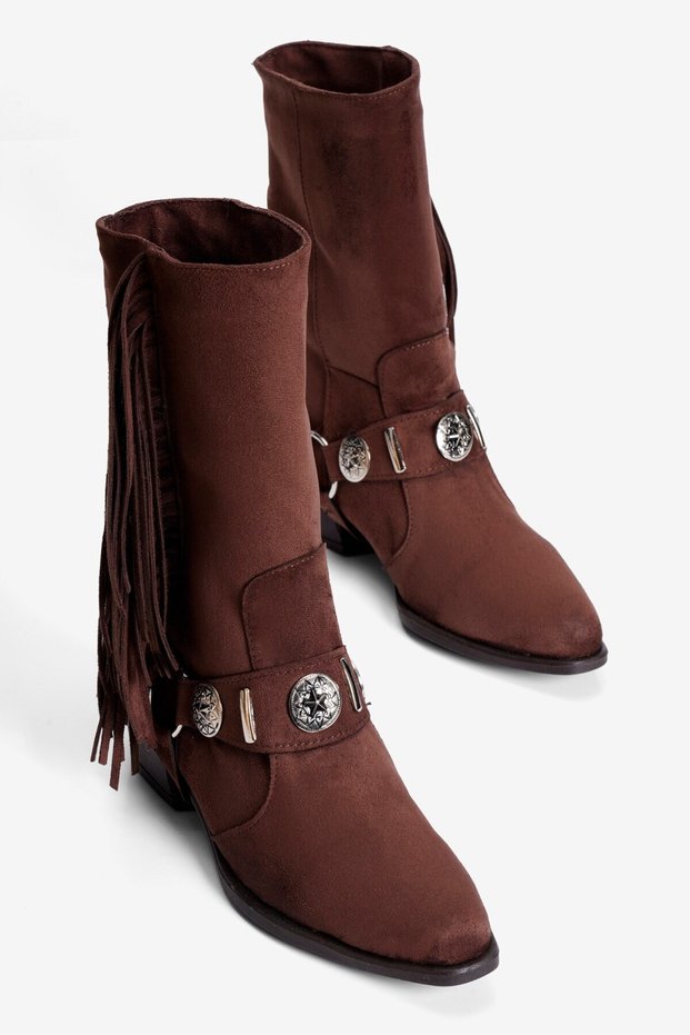 Women's Suede Western Boots with Tassels and Metal-Accented Design, Rodea Brown
