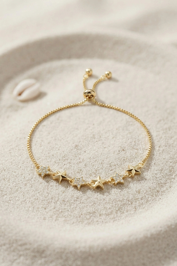 Gold-Colored Star-Shaped Zircon-Studded Adjustable Women's Bracelet TJ-BB8918