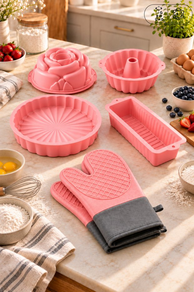 6-Piece Silicone Cake Pan Set: Rose, Bundt, and Baton Tart Pans; Pair of Oven Mitts; Fire-Resistant, Non-Stick, Flexible