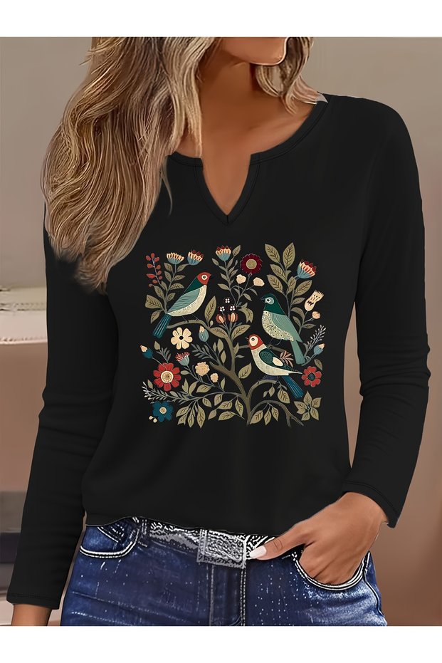 Printed Cotton-Stretch Fabric Half-V-Neck Long-Sleeve Blouse