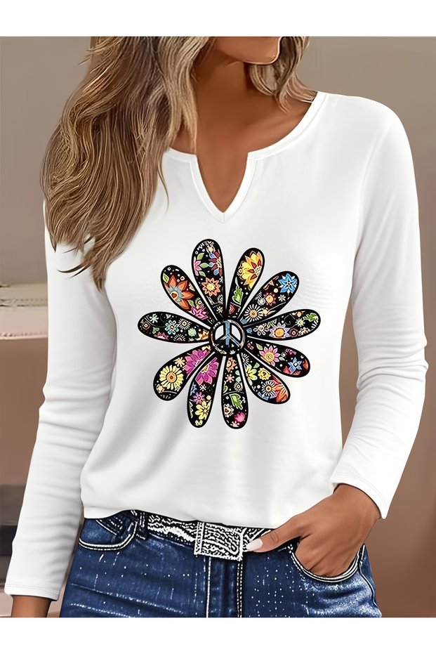 Printed Cotton-Stretch Fabric Half-V-Neck Long-Sleeve Blouse