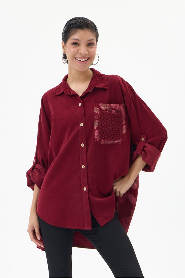 Women's Burgundy Italian 100% Cotton Velvet Oversized Velvet Shirt with Floral Print on the Back, Sizes 40–46