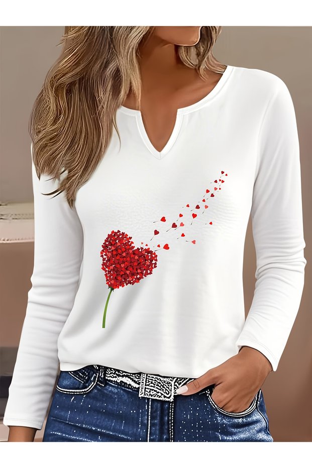 Printed Cotton-Stretch Fabric Half-V-Neck Long-Sleeve Blouse