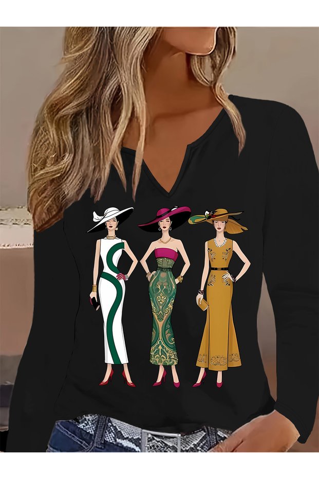 Printed Cotton-Stretch Fabric Half-V-Neck Long-Sleeve Blouse