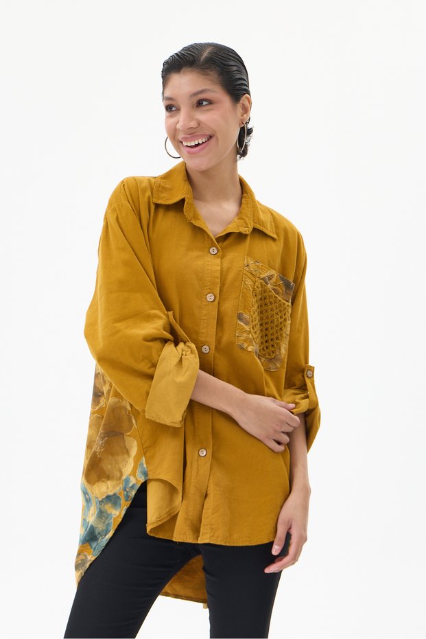 Women's Mustard Italian 100% Cotton Velvet Oversized Velvet Shirt with Floral Print on the Back, Sizes 40–46