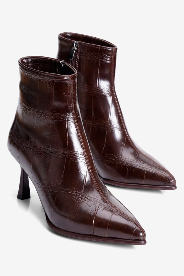 Women's Crocodile-Print Pointed-Toe Stiletto Heel Boots with Zipper, Odile, Brown