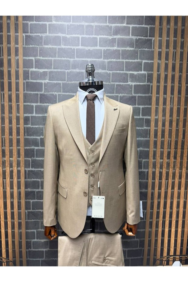 Classics Men's Slim Fit 6-Drop Pointed-Collar Vest Set Heathered Double-Slit Suit