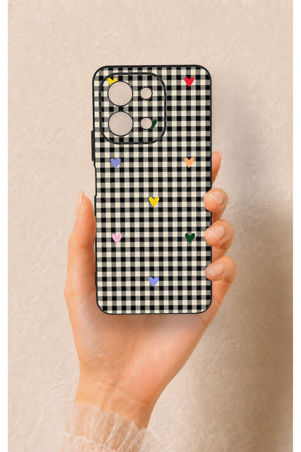 Vivo Y28 Compatible Silicone Case with Heart-Shaped Plaid Pattern