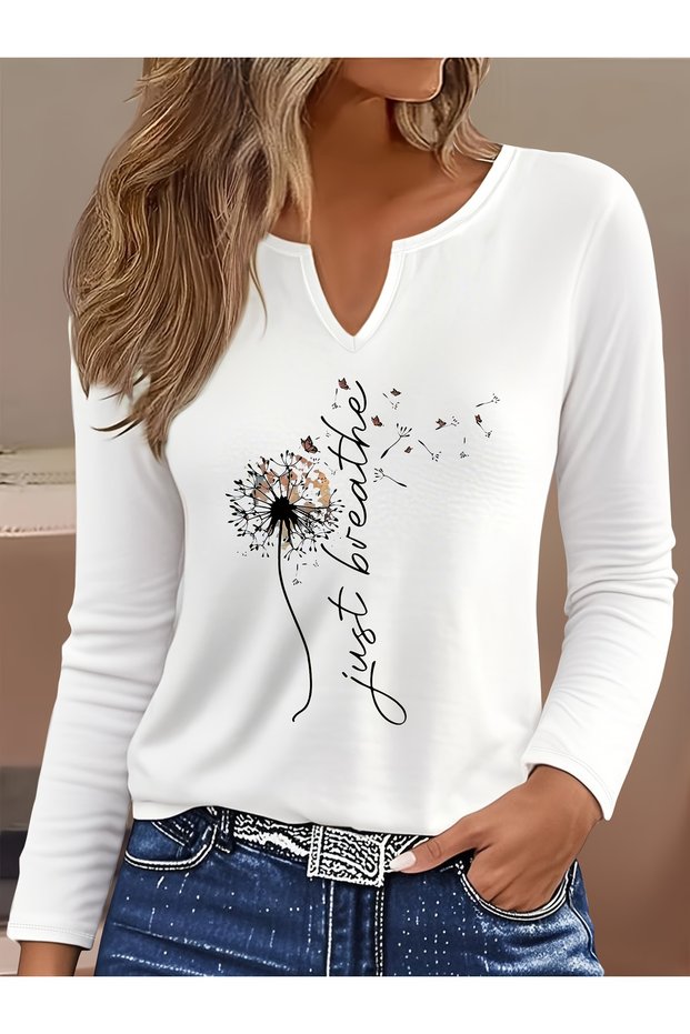 Printed Cotton-Stretch Fabric Half-V-Neck Long-Sleeve Blouse