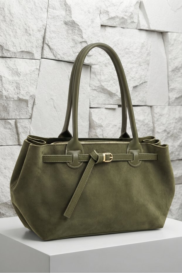 Women's Belt Detail Belgrade Suede Baguette Shoulder Bag in Khaki