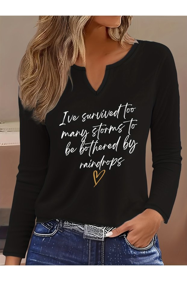 Printed Cotton-Stretch Fabric Half-V-Neck Long-Sleeve Blouse