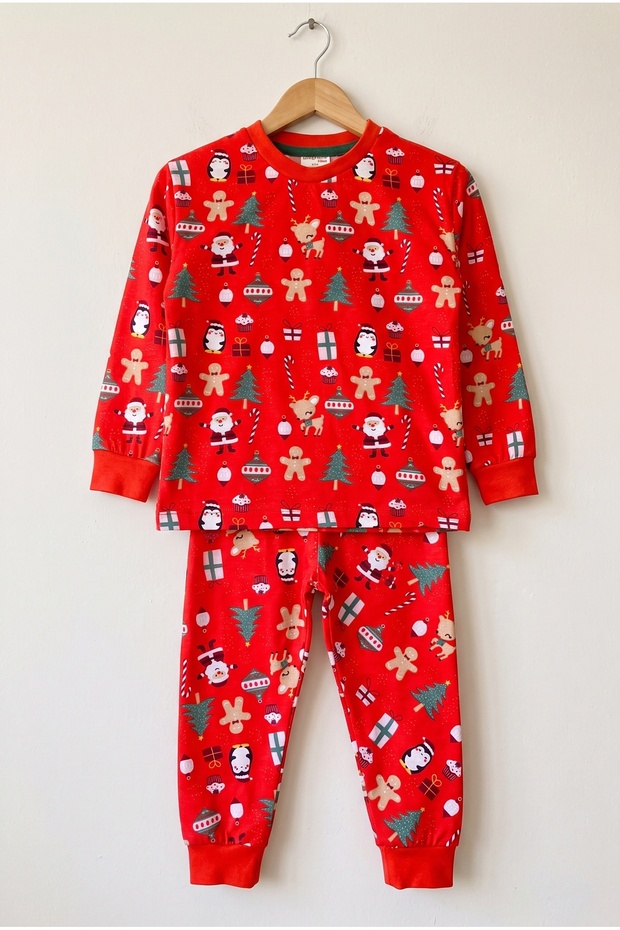 Children's 100% Cotton Red New Year's-Themed Pajama Set, Ages 3–12