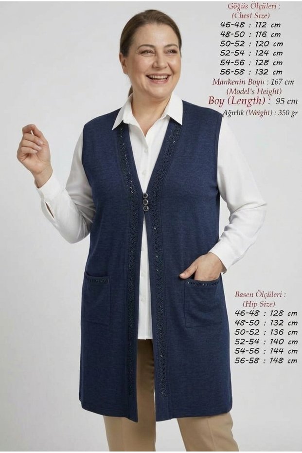 Women's Plus Size Transitional Ecrin Knit Fabric Long Maternity Vest, Relaxed Fit (95 cm), with Rhinestone Embellishments, Wide at the Hips—Vest with British-Style Buttons