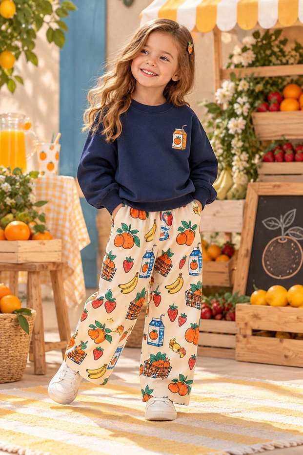 Girls' Navy Blue Sweatshirt and Fruit-Print Wide-Leg Pants 2-Piece Set