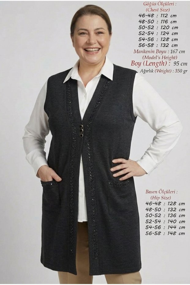 Women's Plus Size Transitional Ecrin Knit Fabric Long Maternity Vest, Relaxed Fit (95 cm), with Rhinestone Embellishments, Wide at the Hips—Vest with British-Style Buttons