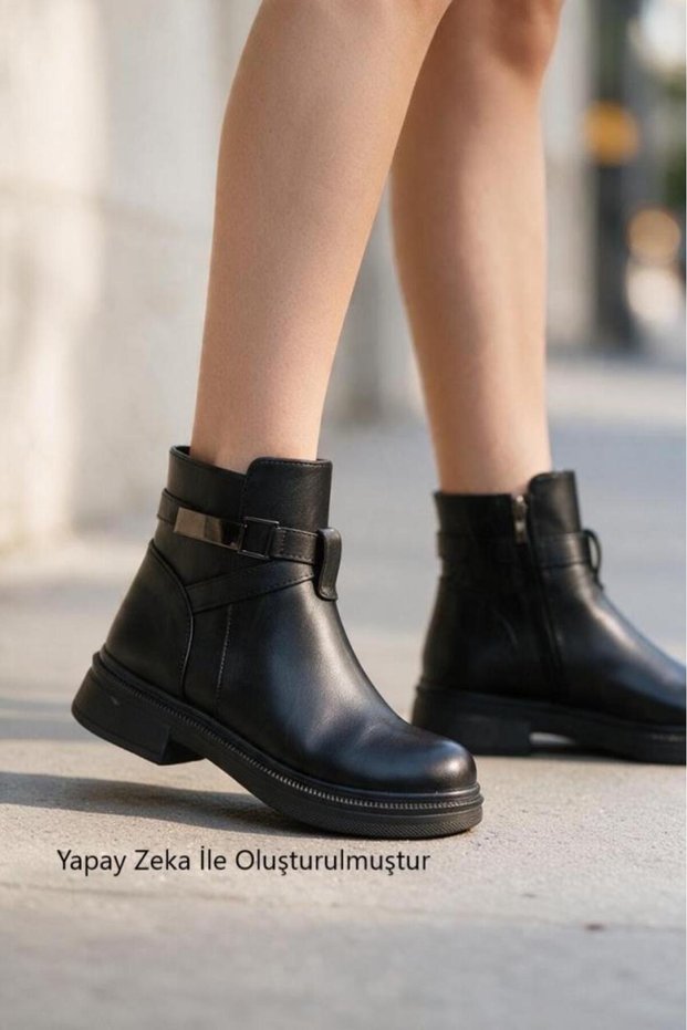 Women's Black Leather Boots, 14 cm Ankle-Length, Thick Sole, Round Toe