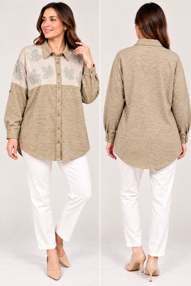 Women's Oversized Shirt Tunic Embellished with Stones – Stylish and Modern Design
