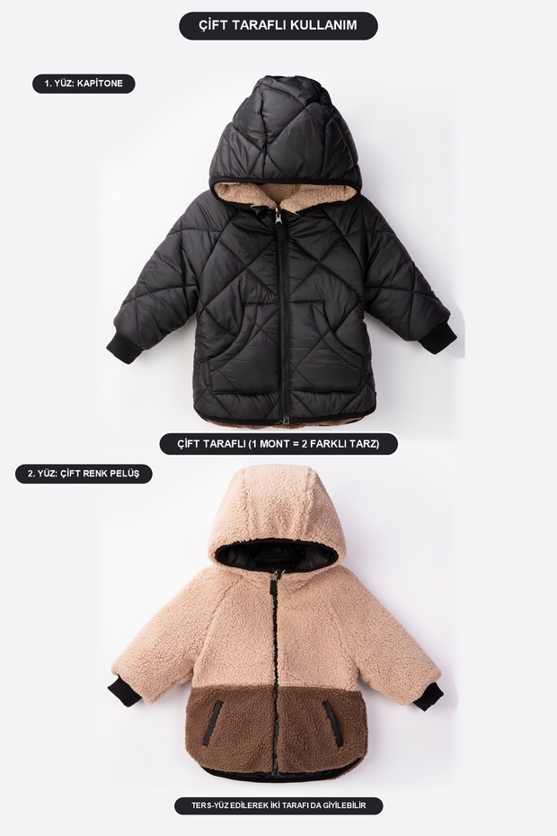 Reversible, Plush-Lined, Quilted, Hooded, Thick Winter Jacket for Boys