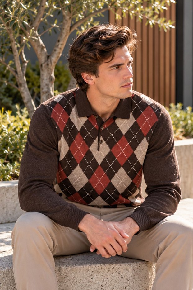 Men’s Polo Collar Wool Sweater with Diamond Patterned Design on the Front, Medium Brown
