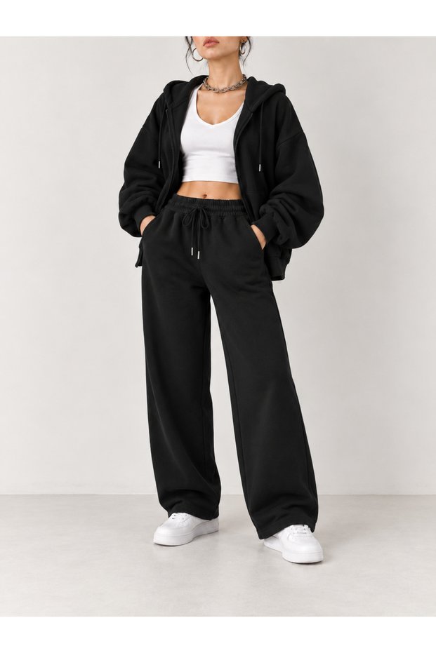 Women's Black Oversized Hooded Full-Zip Casual Cotton Cardigan + Sweatsuit Set