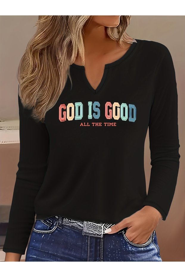 Printed Cotton-Stretch Fabric Half-V-Neck Long-Sleeve Blouse