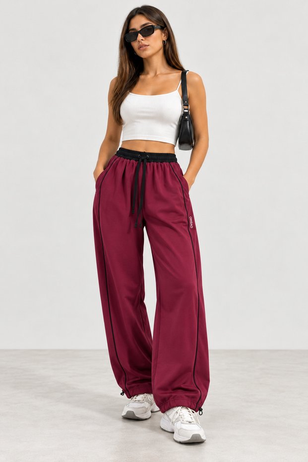 Women's Wide-Leg Sweatpants with Contrast Piping, Elastic Waistband, Adjustable Hem, and Pockets—Relaxed Fit