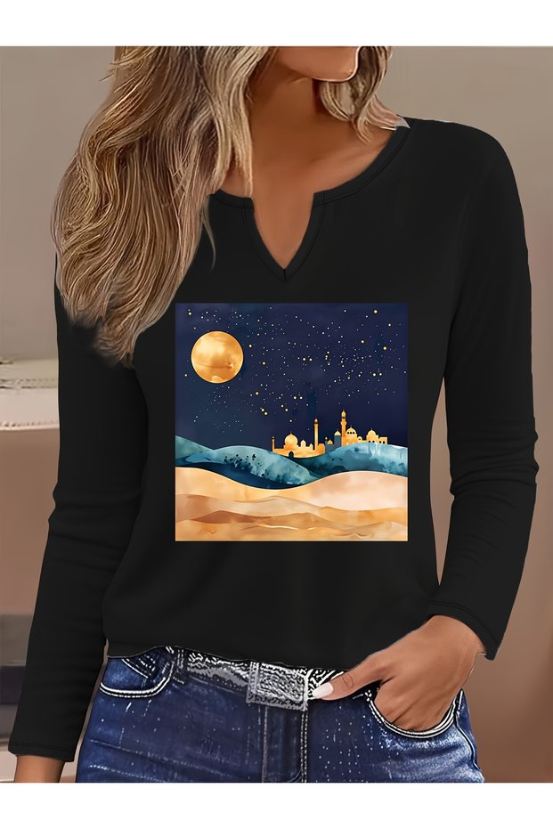 Printed Cotton-Stretch Fabric Half-V-Neck Long-Sleeve Blouse