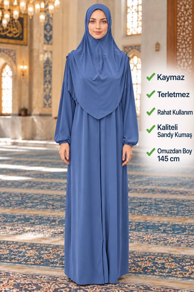 Ready-to-Wear Prayer Dress with Scarf, Zipper, One-Piece, Easy to Wear, Indigo Blue Hijab