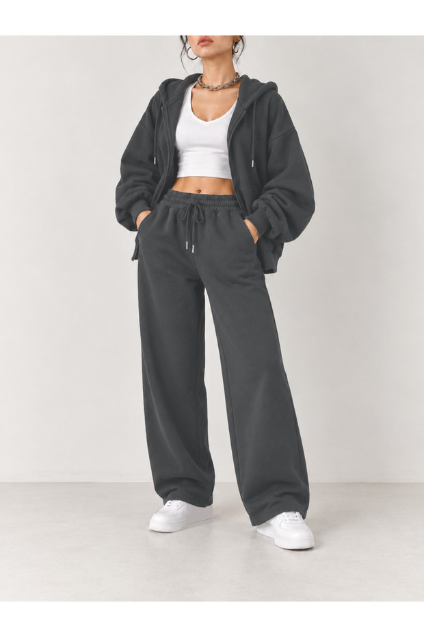 Women's Black Oversized Hooded Full-Zip Casual Cotton Cardigan + Sweatsuit Set