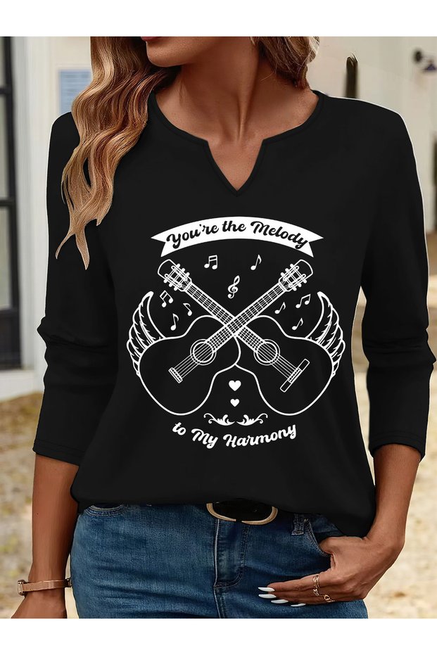 Printed Cotton-Stretch Fabric Half-V-Neck Long-Sleeve Blouse
