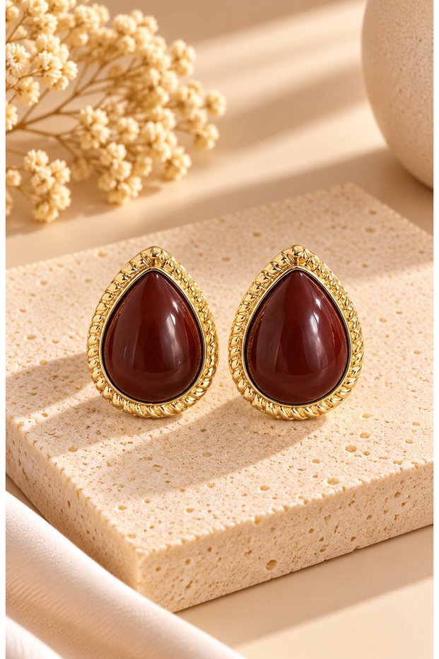 Women's Brown Stone Gold Teardrop Earrings – Vintage Style, Eye-Catching and Elegant Women's Earrings