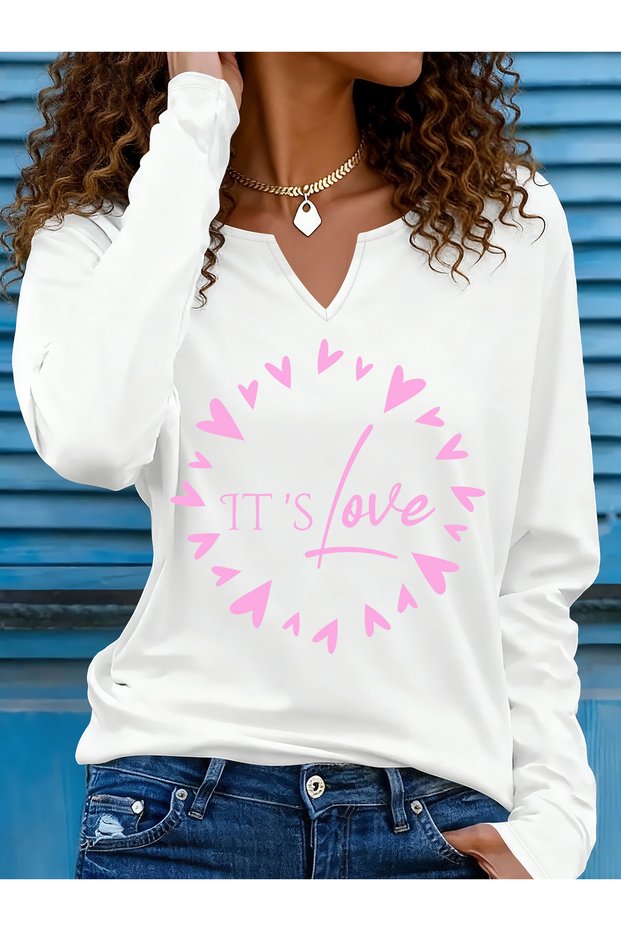 Printed Cotton-Stretch Fabric Half-V-Neck Long-Sleeve Blouse