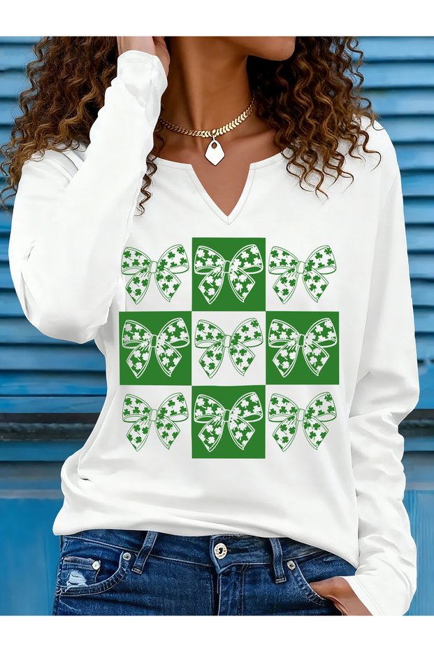 Printed Cotton-Stretch Fabric Half-V-Neck Long-Sleeve Blouse