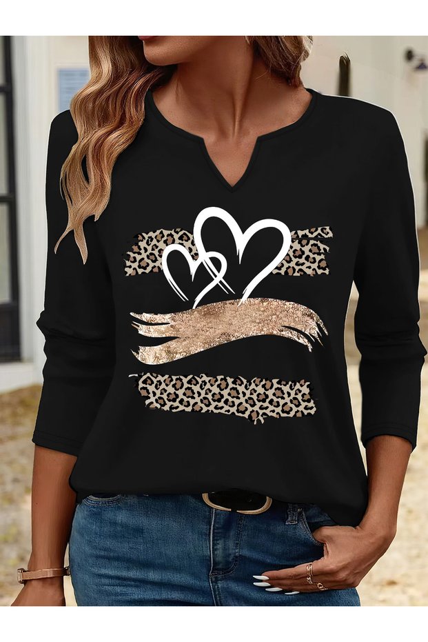 Printed Cotton-Stretch Fabric Half-V-Neck Long-Sleeve Blouse