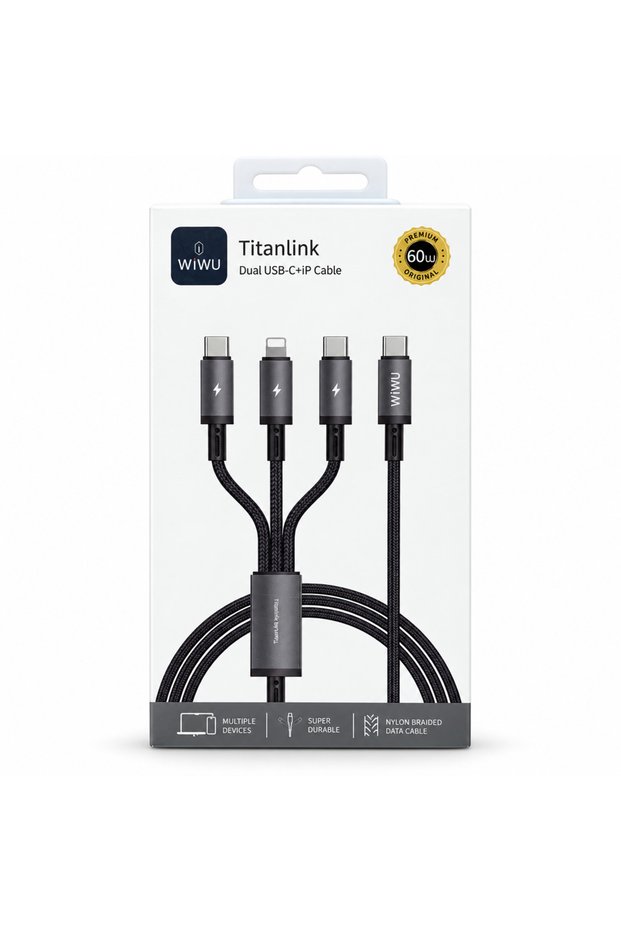 كابل تيتانلينك 60 واط من نوع USB-C إلى USB-C مزدوج ومنفذ Lightning، بتصميم مضفر.