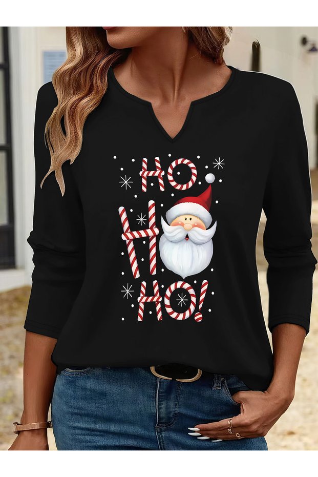 Printed Cotton-Stretch Fabric Half-V-Neck Long-Sleeve Blouse