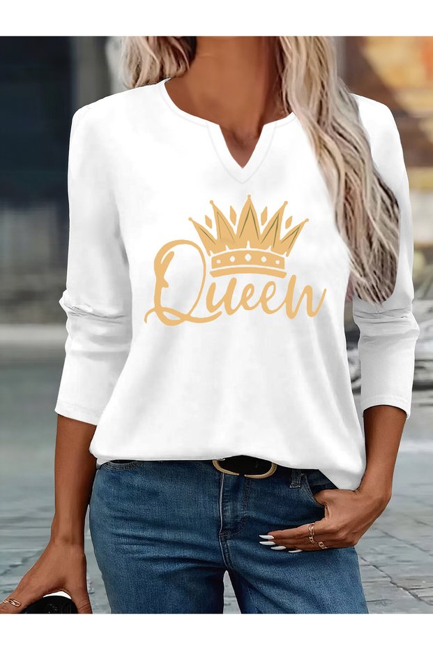 Printed Cotton-Stretch Fabric Half-V-Neck Long-Sleeve Blouse