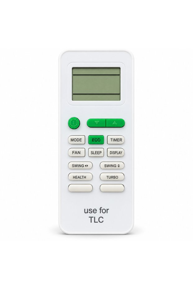 جهاز تحكم عن بعد لمكيف الهواء بشاشة LCD، باللون الأبيض.