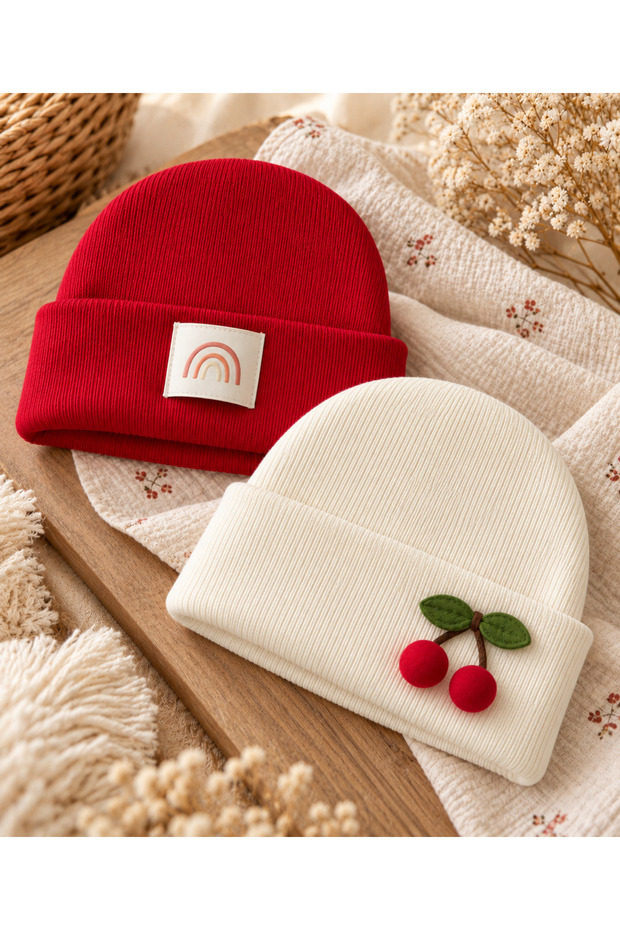 2-Pack Set of Flexible Ribbed Knit Beanies with Cherry-Print Details