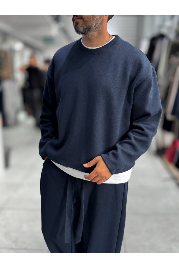 Navy Blue Knit Basic Sweatshirt HM-