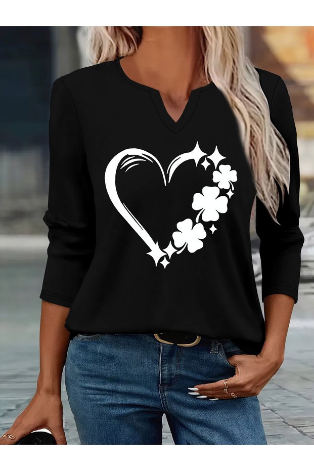 Printed Cotton-Stretch Fabric Half-V-Neck Long-Sleeve Blouse