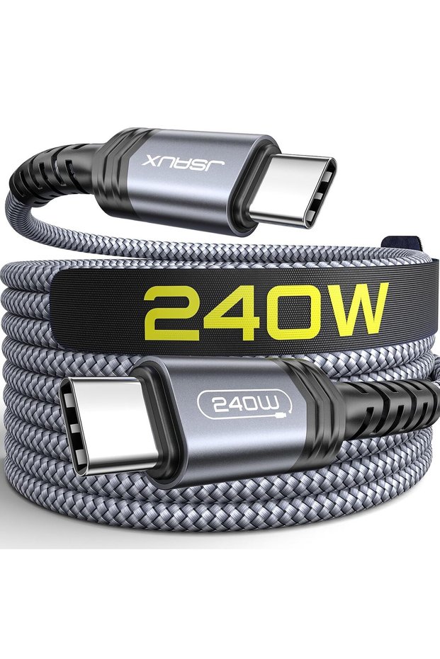كابل USB C إلى USB C بقوة 240 واط، طول 2 متر، سلك من النوع C للشحن السريع للآيفون، لون رمادي